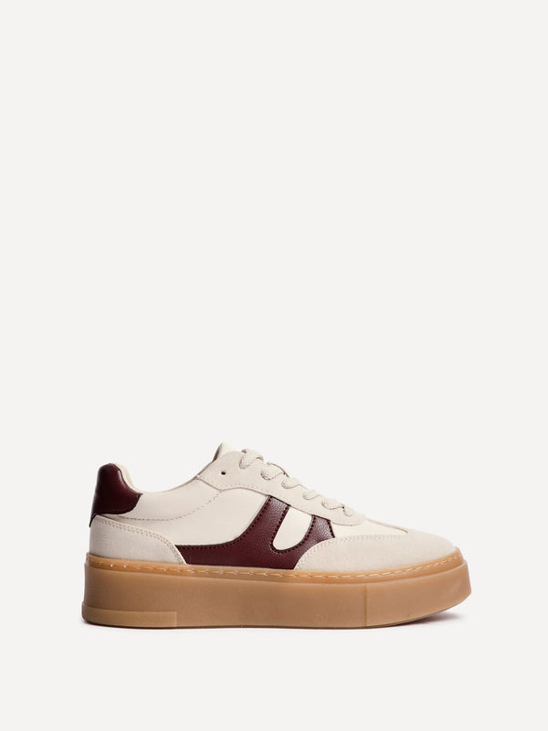 Linzi Nude And Burgundy Faux Leather Lace Up Flatform Trainers