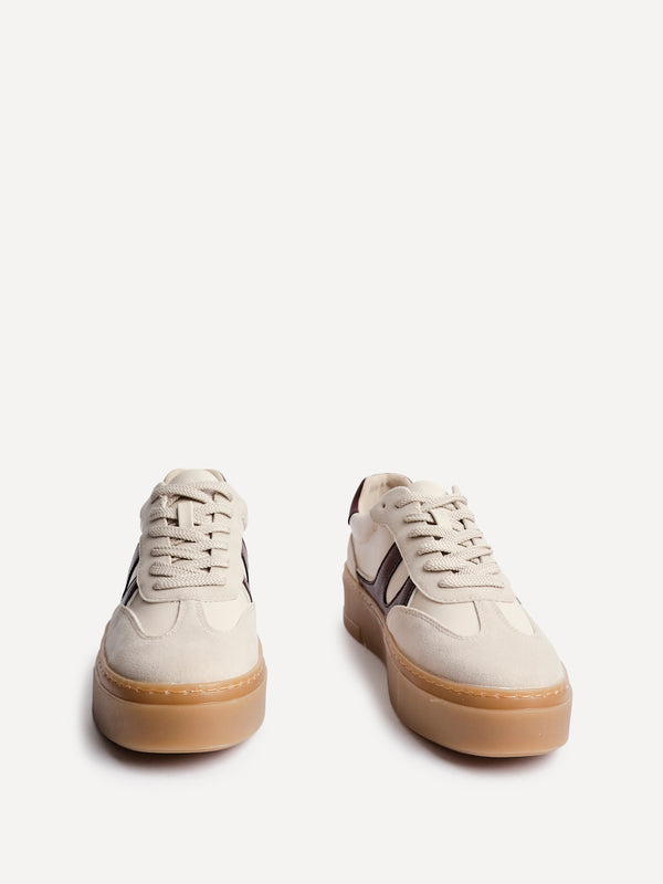 Linzi Nude And Burgundy Faux Leather Lace Up Flatform Trainers