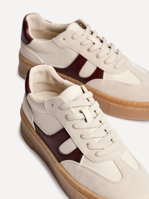 Linzi Nude And Burgundy Faux Leather Lace Up Flatform Trainers
