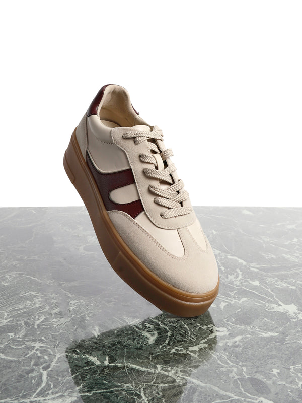 linzi Nude And Burgundy Faux Leather Lace Up Flatform Trainers