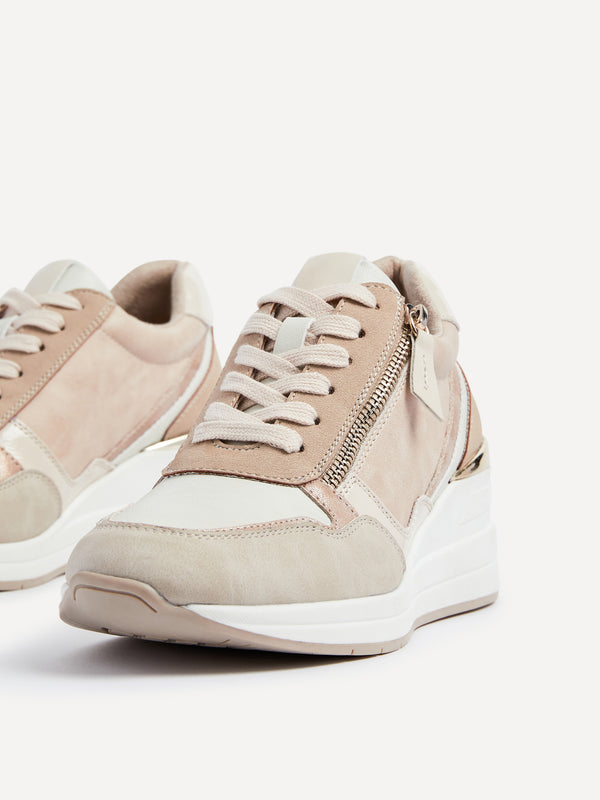 Linzi Nude Colour Block Wedge Trainer With Zip Detail