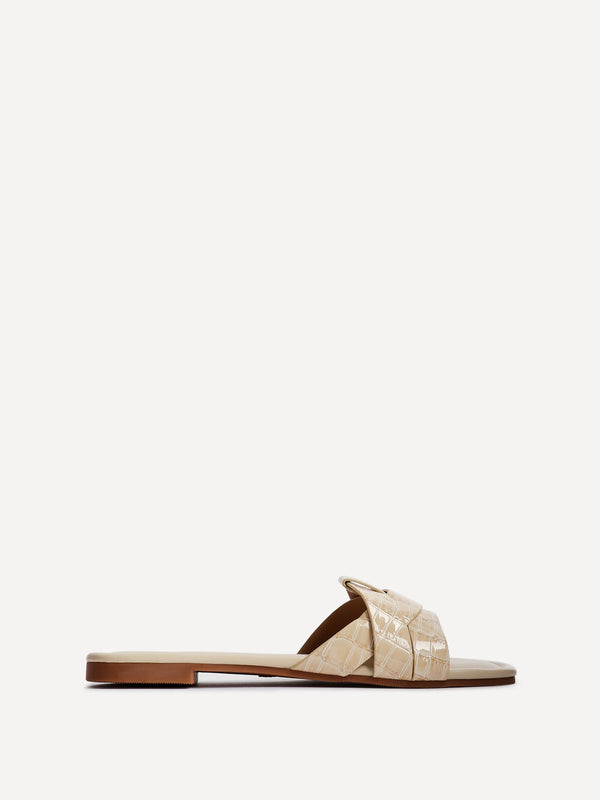 Linzi Nude Croc Faux Leather Slider With Woven Front Strap