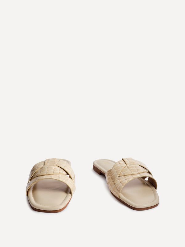 Linzi Nude Croc Faux Leather Slider With Woven Front Strap