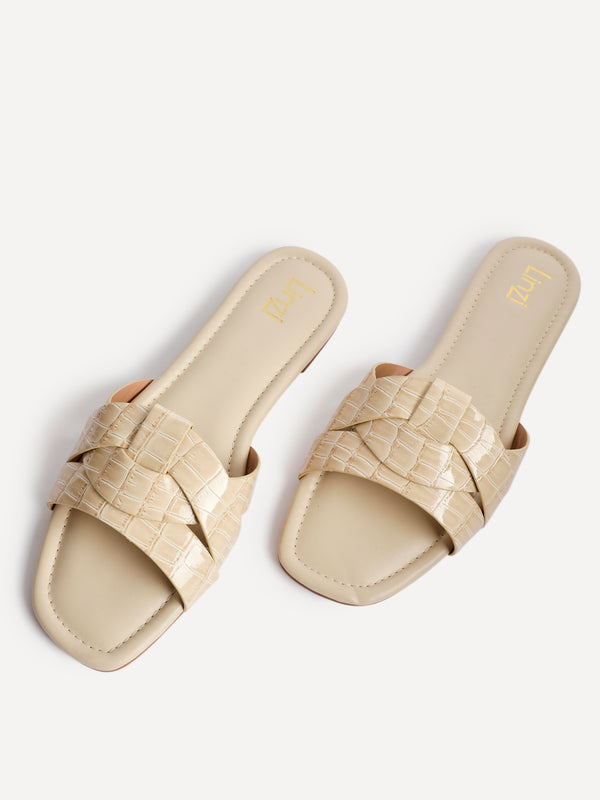 Linzi Nude Croc Faux Leather Slider With Woven Front Strap