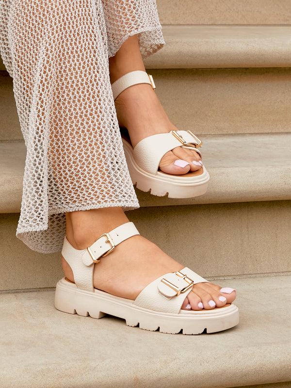 linzi Nude Faux Grain Leather Chunky Sandal With Buckle Detail