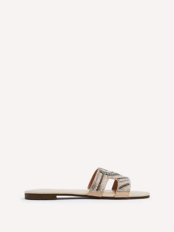 Linzi Nude Faux Leather Aztec Design Embellished Slider Sandal