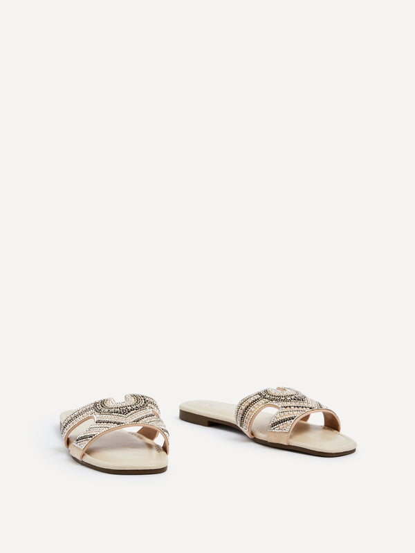 Linzi Nude Faux Leather Aztec Design Embellished Slider Sandal