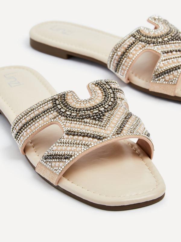 Linzi Nude Faux Leather Aztec Design Embellished Slider Sandal