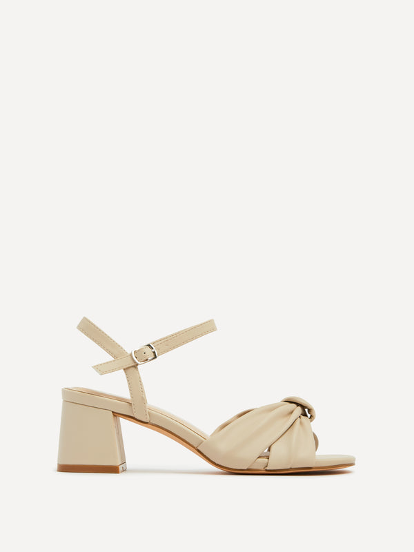 Linzi Nude Faux Leather Block Heeled Sandal With Knotted Front Strap