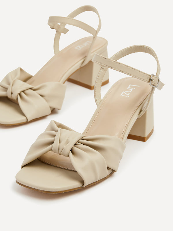 Linzi Nude Faux Leather Block Heeled Sandal With Knotted Front Strap