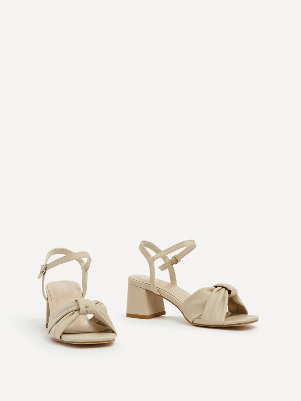 Linzi Nude Faux Leather Block Heeled Sandal With Knotted Front Strap
