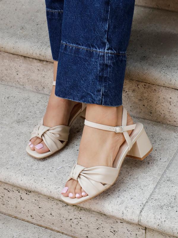 linzi Nude Faux Leather Block Heeled Sandal With Knotted Front Strap