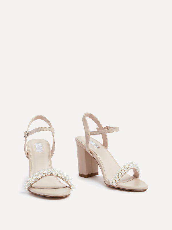 Linzi Nude Faux Leather Block Heeled Sandal With Pearl Embellished Strap