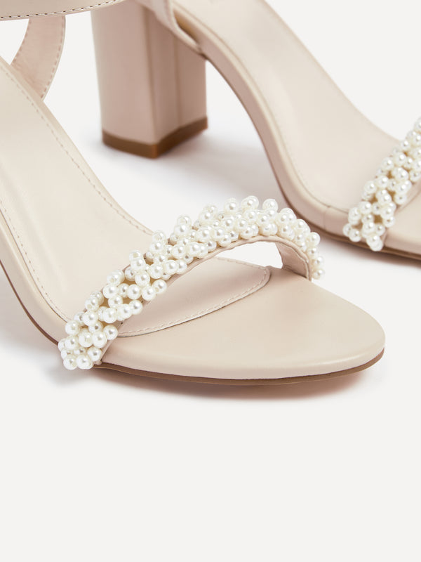 Linzi Nude Faux Leather Block Heeled Sandal With Pearl Embellished Strap