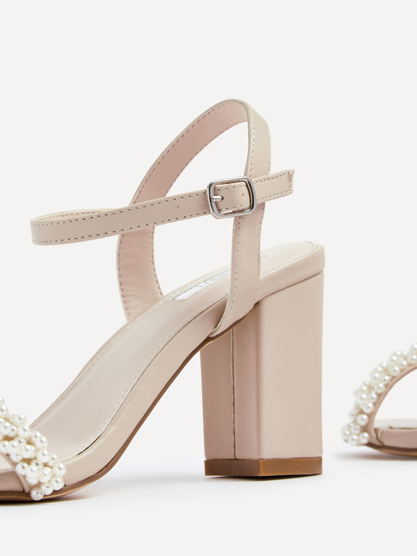 Linzi Nude Faux Leather Block Heeled Sandal With Pearl Embellished Strap