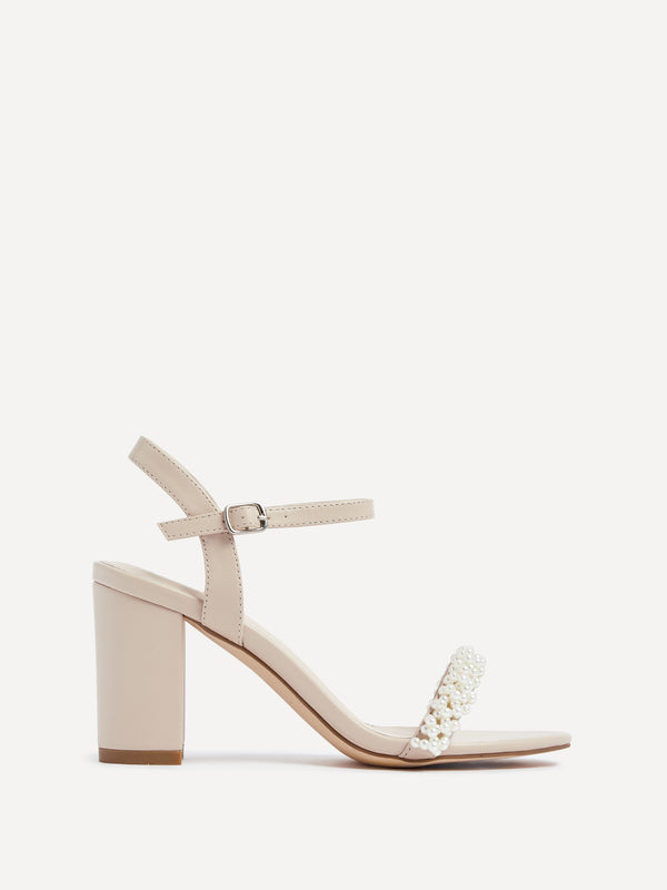 linzi Nude Faux Leather Block Heeled Sandal With Pearl Embellished Strap