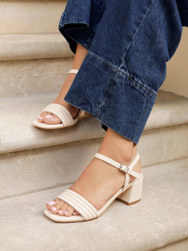 linzi Nude Faux Leather Block Heeled Sandal With Ribbed Front Strap