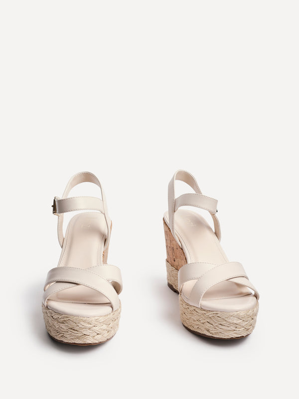 Linzi Nude Faux Leather Cork Wedge With Rope Detailing