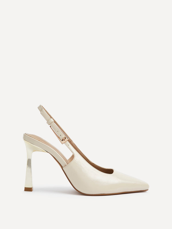 Linzi Nude Faux Leather Court Heel With Gold Heel Detail