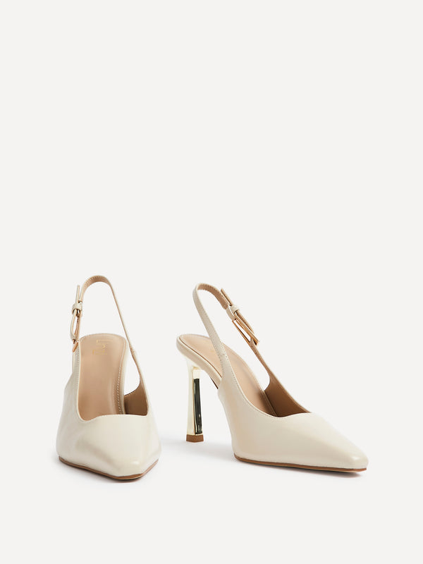 Linzi Nude Faux Leather Court Heel With Gold Heel Detail