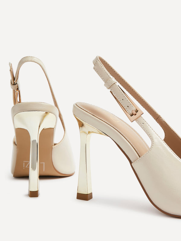 Linzi Nude Faux Leather Court Heel With Gold Heel Detail