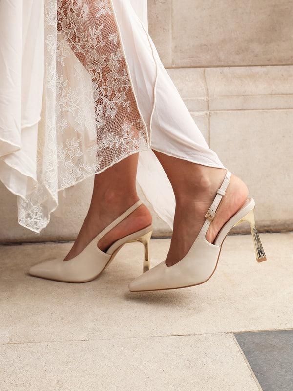 linzi Nude Faux Leather Court Heel With Gold Heel Detail