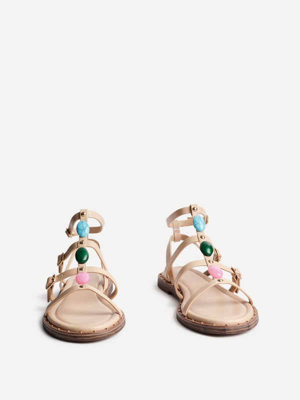 Linzi Nude Faux Leather Embellished Gladiator Flat Sandal