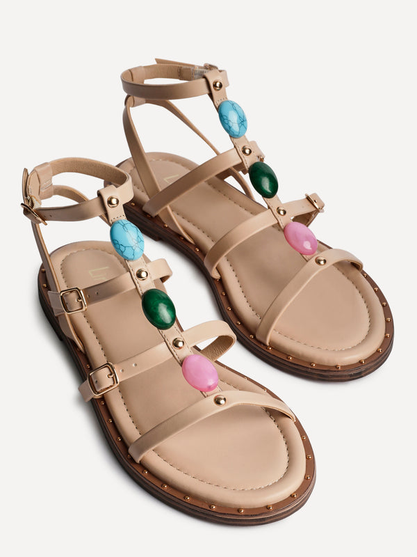 Linzi Nude Faux Leather Embellished Gladiator Flat Sandal