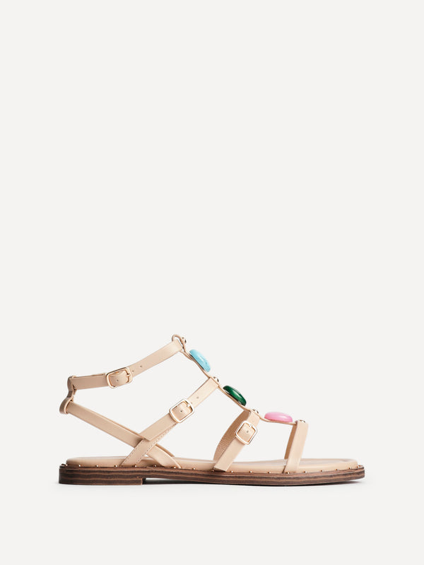 Linzi Nude Faux Leather Embellished Gladiator Flat Sandal