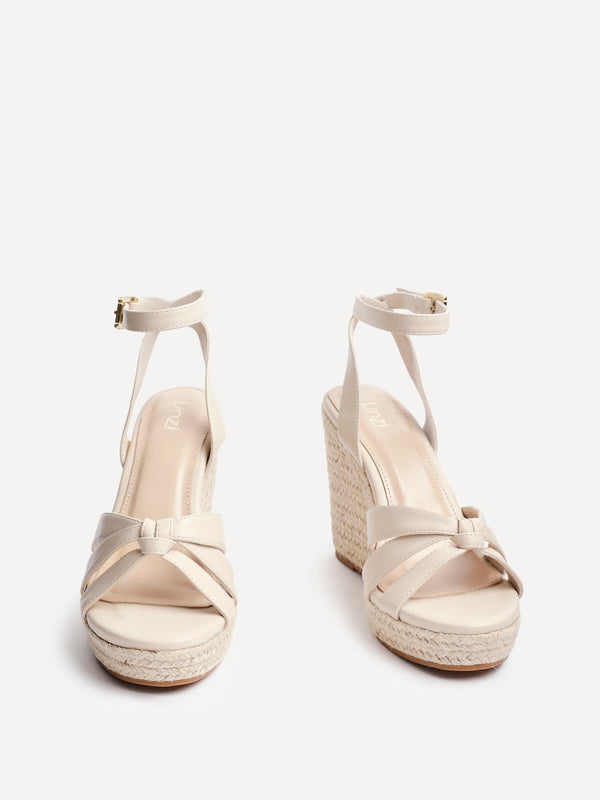 Linzi Nude Faux Leather Espadrille Wedge With Knotted Front Strap