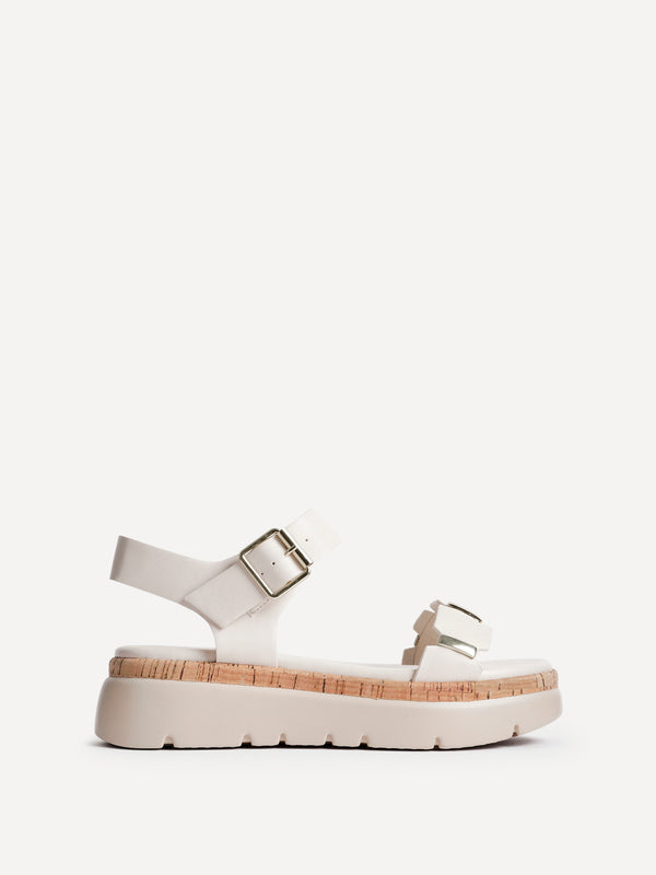 Linzi Nude Faux Leather Flatform Sandal With Gold Detailing