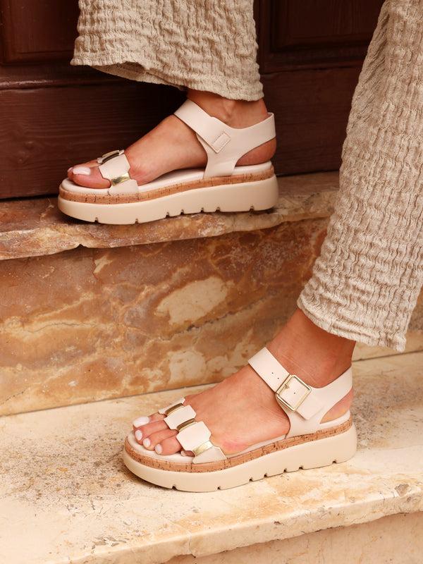 linzi Nude Faux Leather Flatform Sandal With Gold Detailing