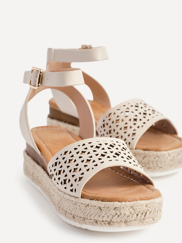 Linzi Nude Faux Leather Flatform Sandals With Laser Cut Detail