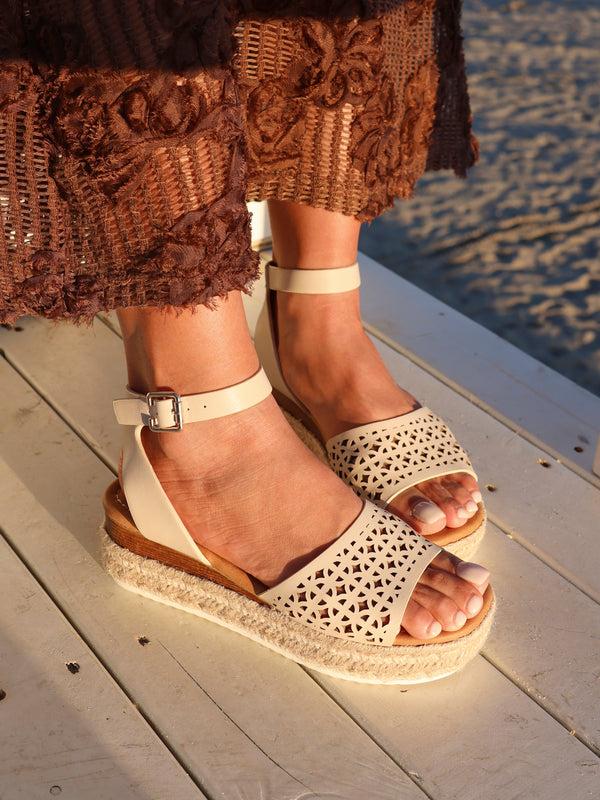 linzi Nude Faux Leather Flatform Sandals With Laser Cut Detail