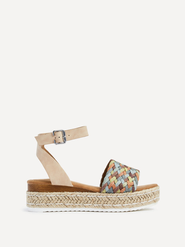 Linzi Nude Faux Leather Flatform With Multi Coloured Plaited Front Strap