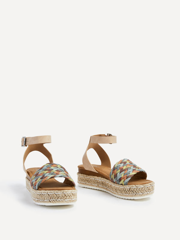 Linzi Nude Faux Leather Flatform With Multi Coloured Plaited Front Strap