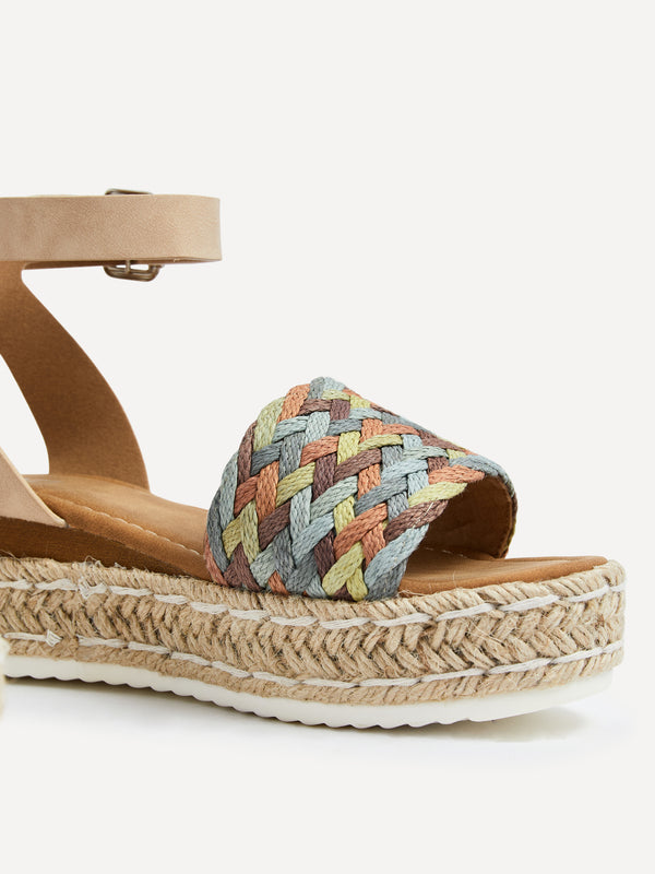 Linzi Nude Faux Leather Flatform With Multi Coloured Plaited Front Strap