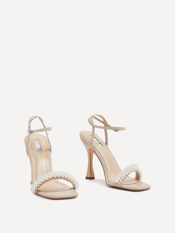 Linzi Nude Faux Leather Pearl Embellished Sandal Heels