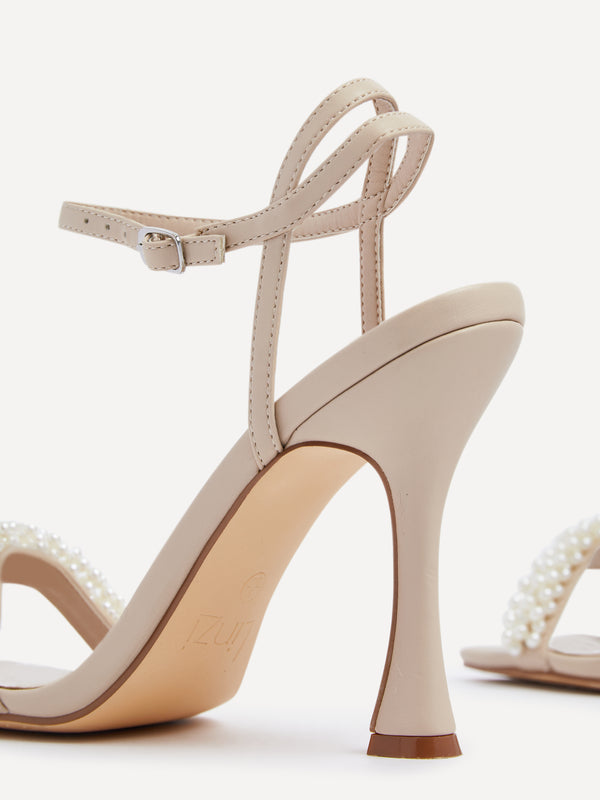 Linzi Nude Faux Leather Pearl Embellished Sandal Heels