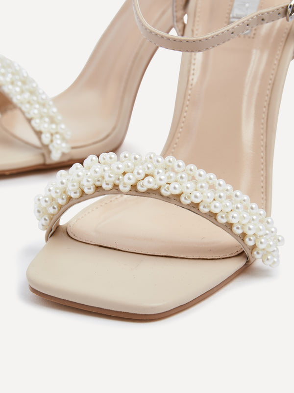 Linzi Nude Faux Leather Pearl Embellished Sandal Heels