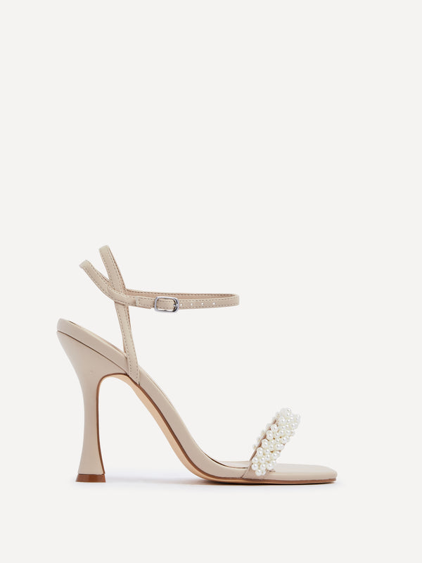linzi Nude Faux Leather Pearl Embellished Sandal Heels