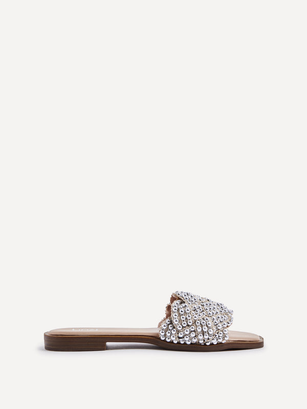 Linzi Nude Faux Leather Plaited & Beaded Flat Sandals
