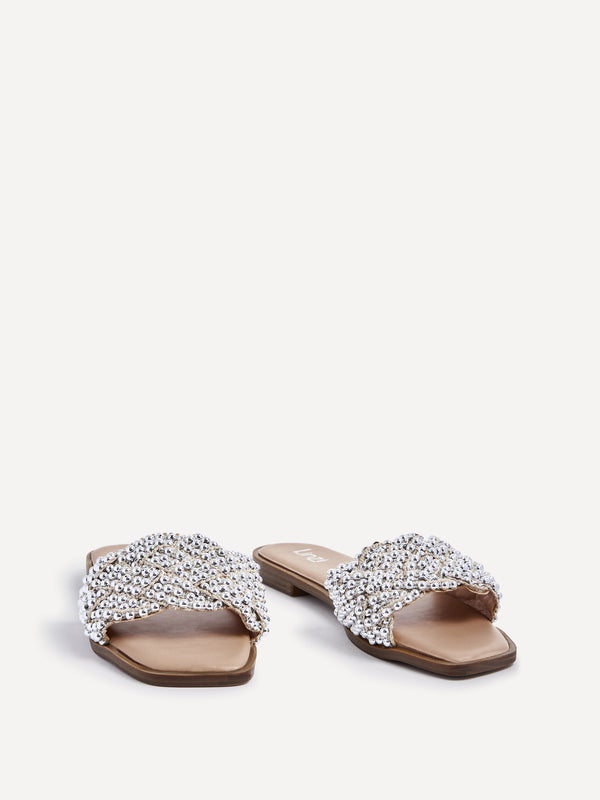 Linzi Nude Faux Leather Plaited & Beaded Flat Sandals
