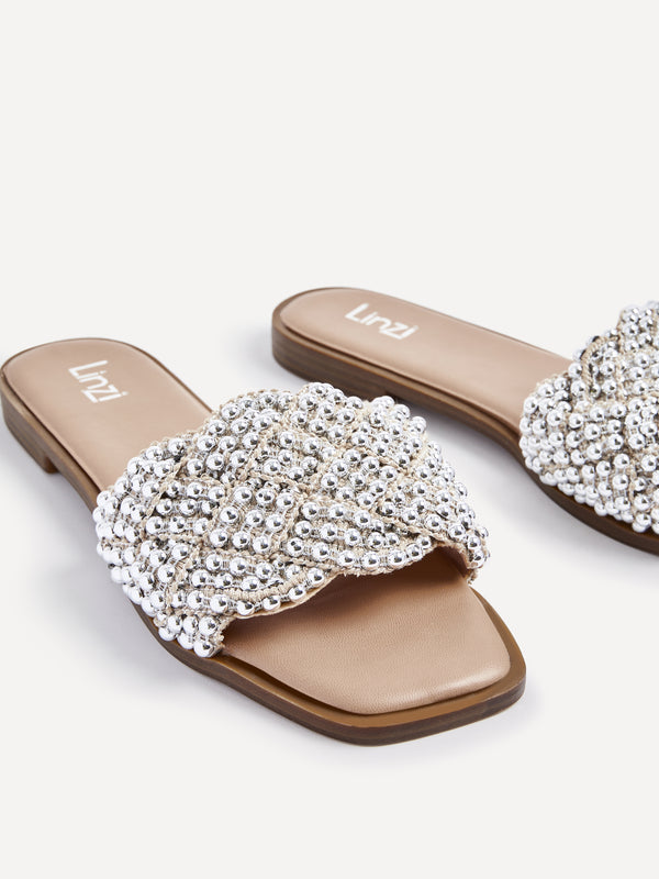 Linzi Nude Faux Leather Plaited & Beaded Flat Sandals