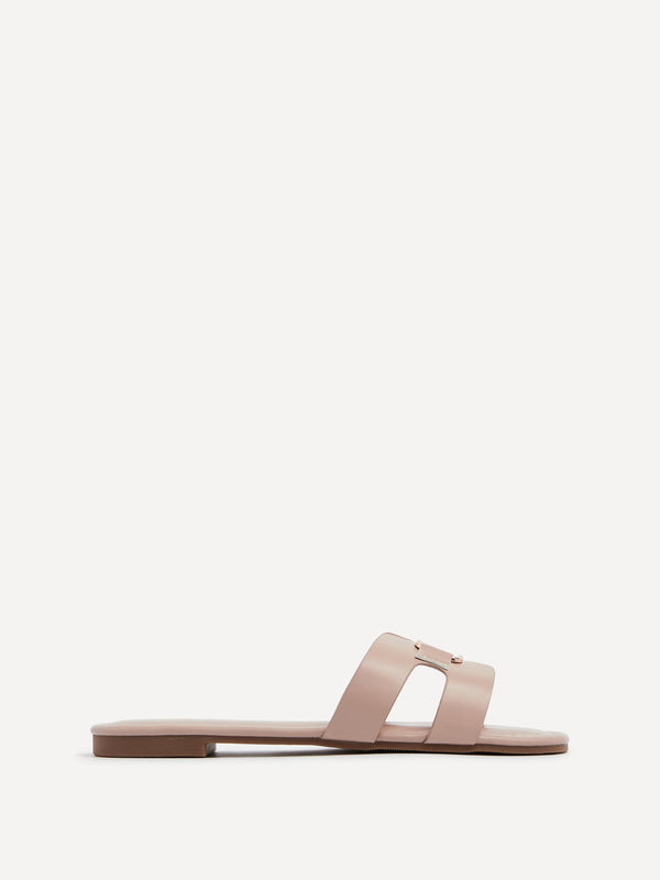 Linzi Nude Faux Leather Slider Sandal With Gold Buckle