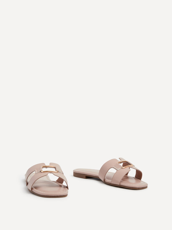 Linzi Nude Faux Leather Slider Sandal With Gold Buckle