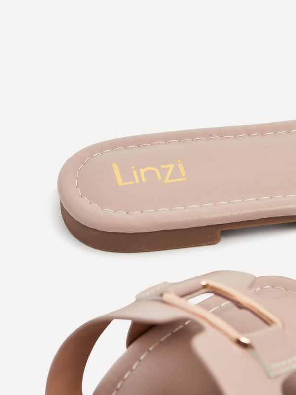 Linzi Nude Faux Leather Slider Sandal With Gold Buckle