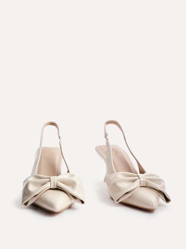 Linzi Nude Faux Leather Slingback Court Heels With Bow Detail