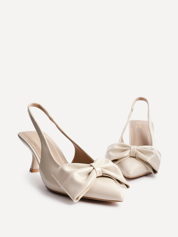 Linzi Nude Faux Leather Slingback Court Heels With Bow Detail