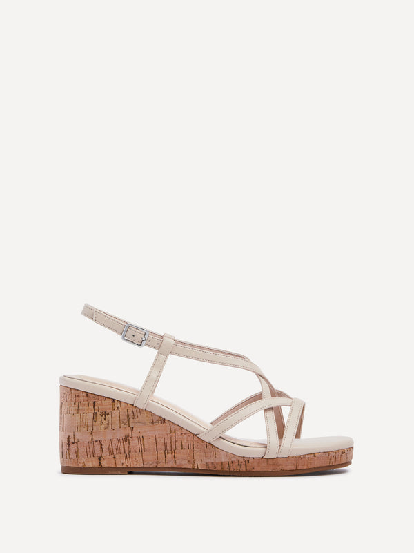 Linzi Nude Faux Leather Strappy Wedge Sandal With Wrap Around Ankle Strap